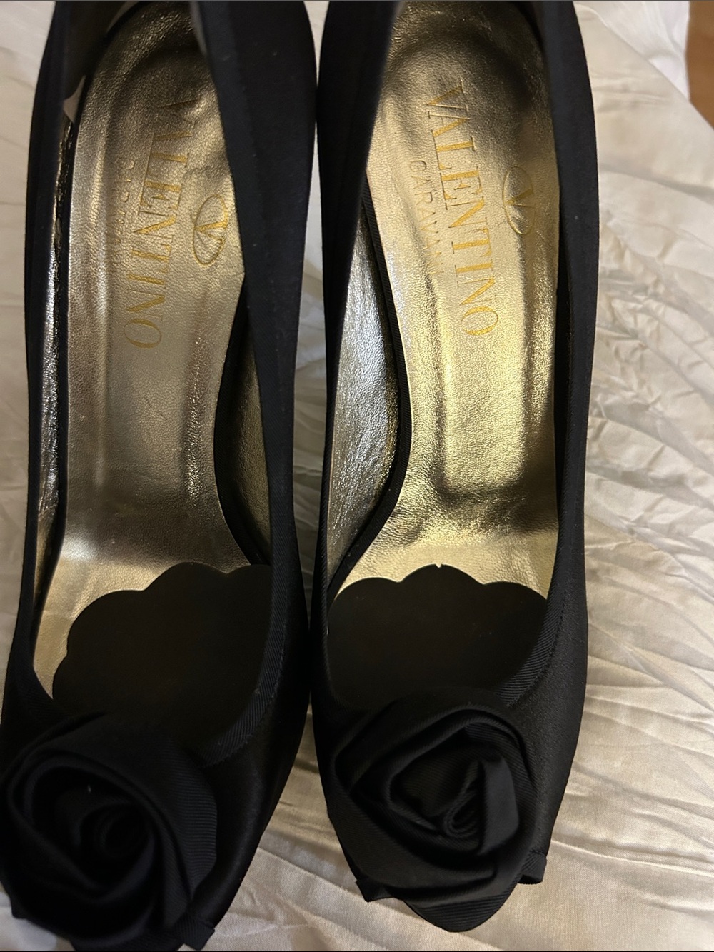 Valentino Black Satin Peep-Toe Pumps with Rose Detail